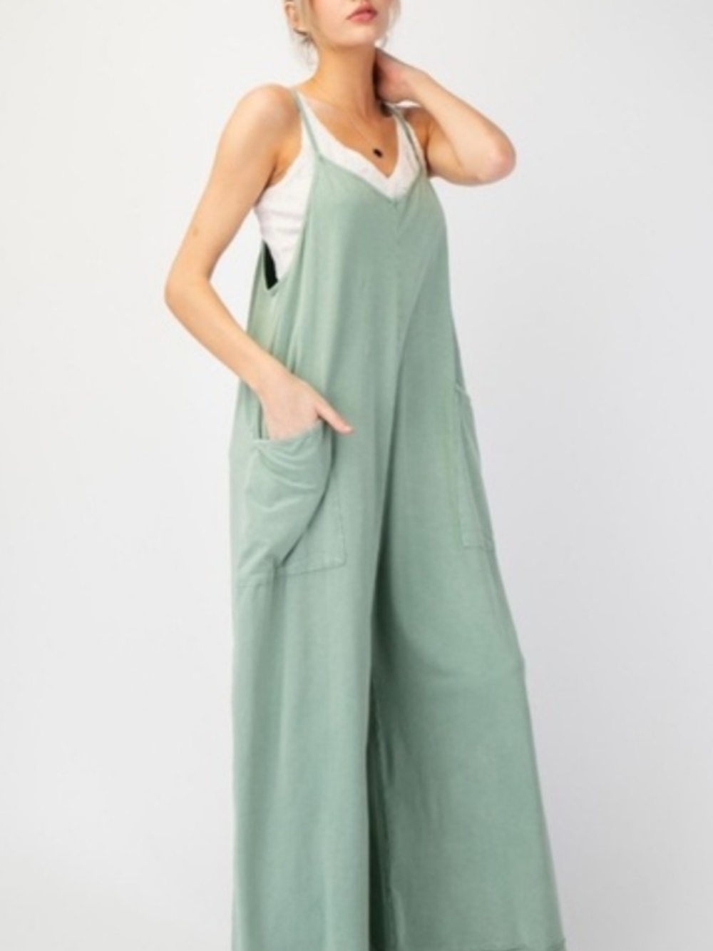 easel Sage Green Wide-Leg Jumpsuit with Front Pockets